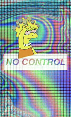 瑪芝·辛普森在色彩繽紛扭曲的網格背景上舉起拳頭，並帶有「NO CONTROL」文字。