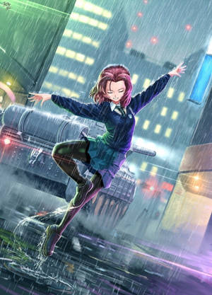 動漫女學生穿著校服在夜晚的城市街道上快樂地在雨中跳躍。