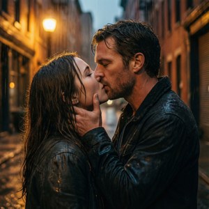 一男一女在雨中後巷的街燈下接吻。