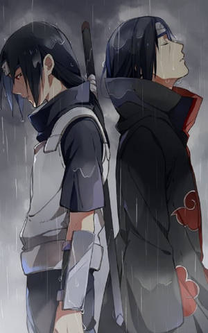 兩個動漫角色在暴風雨天空下的大雨中背對背站立。