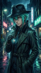 穿著風衣的藍綠色頭髮動漫男子，在雨中霓虹燈照亮的東京小巷中拿著星星吊墜。