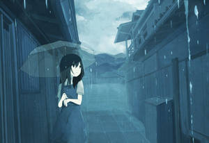 動漫女孩在雨中木巷裡拿著雨傘