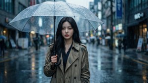 一位女士在雨中的城市街道上拿著透明雨傘，穿著米色風衣。