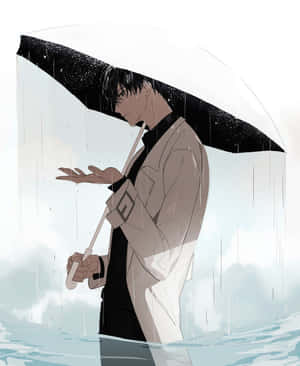 動漫男子身穿風衣，在雨中撐傘，上方有星空。 — 雨 壁紙
