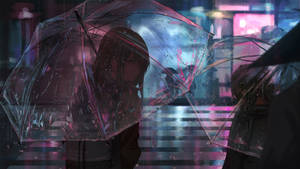 動漫女孩在雨夜霓虹城市中撐著透明雨傘