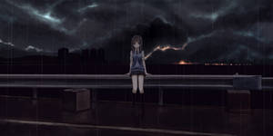 穿著校服的動漫女孩獨自站在風雨中濕漉漉的高速公路天橋上。