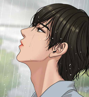 動漫風格肖像，描繪一名年輕男子在雨中哭泣，臉上掛著雨滴。