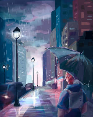 紅髮的人在夜晚雨中街燈下撐傘行走。