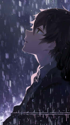 夜晚雨中發光眼睛和數位效果的動漫男孩