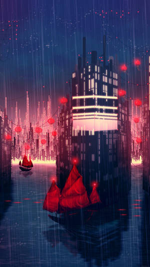 雨夜中帶有紅色燈籠和船隻的未來城市。