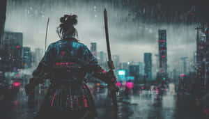 武士戰士在雨夜霓虹城市中持刀