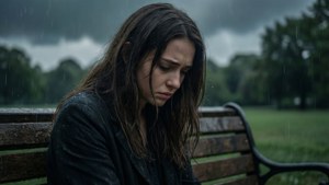 一個女人坐在濕漉漉的公園長椅上，在雨中顯得沮喪。