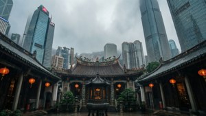 雨夜中，迷霧籠罩的香港寺廟在摩天大樓間閃耀——古今交匯的動人景象。