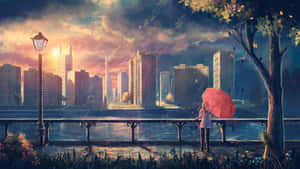 雨中的城市河岸，夕陽下撐紅傘的人。 — 雨 壁紙