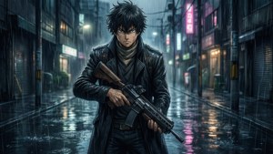 一個穿黑色外套的男子在雨夜霓虹燈城市小巷中持步槍。