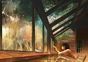 舒適木屋中的女性，透過雨水濕潤的窗戶凝視星空。