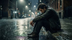 一名男子在夜間雨中獨自坐在濕漉漉的城市路邊。