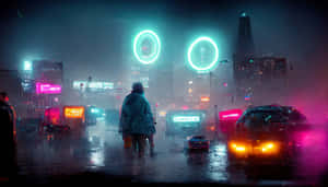 穿著雨衣的人夜晚在霓虹燈照亮的雨街行走。 — 雨 壁紙