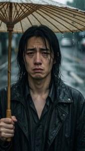 一個男人在雨中城市街道上拿著竹傘。