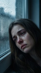 一個女人在黑暗的房間裡對著下雨的窗戶哭泣。