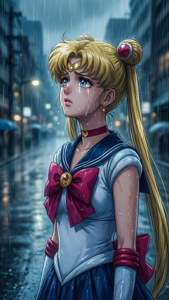 一個穿著水手服的悲傷動畫女孩在城市的街道上在大雨中哭泣。