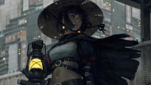 動漫戰士在雨中的城市景觀中手持燈籠