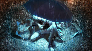 動漫角色在數碼雨中蜷縮在雨傘下，帶有發光的藍光。