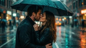 情侶在雨中的城市裡於傘下接吻