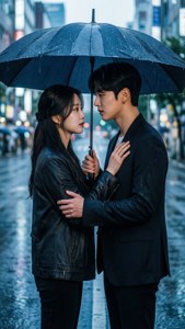 一對年輕情侶在夜晚雨中的城市街道上，緊密地站在一把黑色雨傘下。