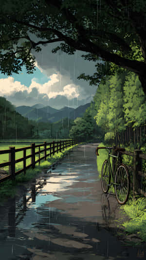 一輛綠色單車靠著籬笆，旁邊是雨濕的鄉間道路，雨中，背景有樹木和山巒。 — 1440x2560 壁紙