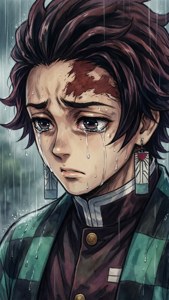 年輕動畫男孩在雨中哭泣，額頭流血，穿著綠色和棕色外套