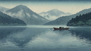 一艘小船漂浮在雨中的湖面上，背景有山巒。