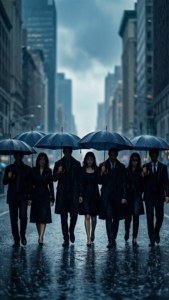 一群穿著正式服裝的人在濕滑的城市街道上撐著黑色雨傘在雨中行走