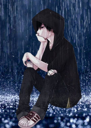 悲傷的動漫少年穿著黑色連帽衫坐在雨中，手托下巴。