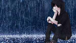 穿著黑色連帽衫的動漫角色坐在雨中，周圍有發光的藍色閃爍。 — 雨 壁紙