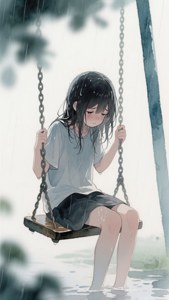 一個悲傷的動漫女孩坐在雨中的鞦韆上，頭髮和衣服濕透。