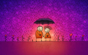 兩個人在雨中一起撐傘，周圍有心形植物。