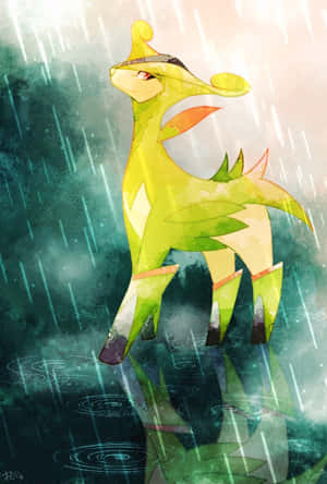 綠色鹿狀寶可夢在雨中站立，濕地上有漣漪。