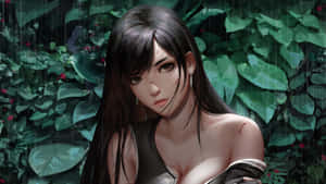 深色頭髮帶有血痕的動漫女孩，站在下雨的綠色樹葉中。
