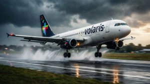 Volaris飛機在黃昏大雨中起飛。