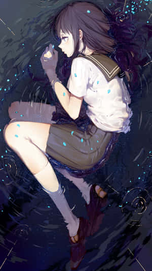 動漫女孩穿著校服在黑暗的水中漂浮，手持發光球體。 — 雨 壁紙