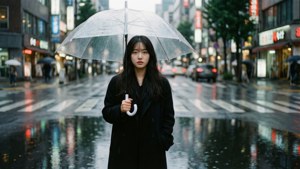 一位穿著黑色外套的女子手持透明雨傘，站在雨夜的城市街道上，霓虹燈光在水坑中反射。