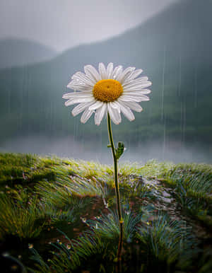 雛菊在雨中盛開，位於長滿草的山丘上，背景有山巒。 — 雨 壁紙