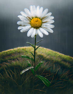 深色天空下，草丘上的雨中，一朵黃色花心的白色雛菊 — 雨 壁紙