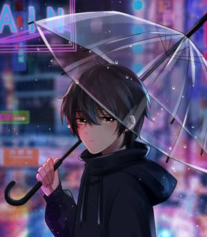 動漫男孩在雨夜霓虹城市中撐透明雨傘