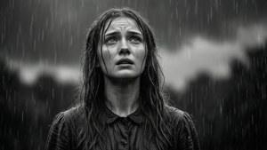雨中女子，濕髮，臉上流淚，悲傷地仰望