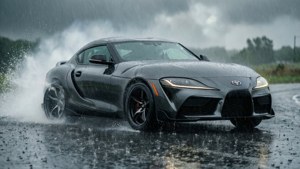 灰色跑車在濕滑道路上於大雨中快速行駛。