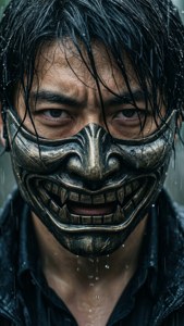 男人在暴雨中戴著金屬面具，水從面具滴落。 — 對馬戰鬼 GIF 壁紙