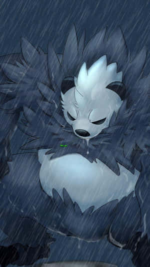 一隻悲傷的深色毛發動漫狐狸坐在大雨中，水從它的皮毛上滴落。