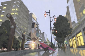 動漫女孩拿著粉紅色雨傘在黃昏時分走在濕漉漉的城市街道上，燈光閃爍。 — 卡通 壁紙